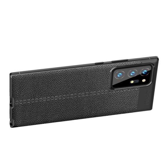 Litchi Skin PU Leather Coated TPU Mobile Phone Case priekš Samsung Galaxy Note 20 Ultra N986 - Melns - ādas imitācijas triecienizturīgs silikona aizmugures apvalks / bampers-vāciņš