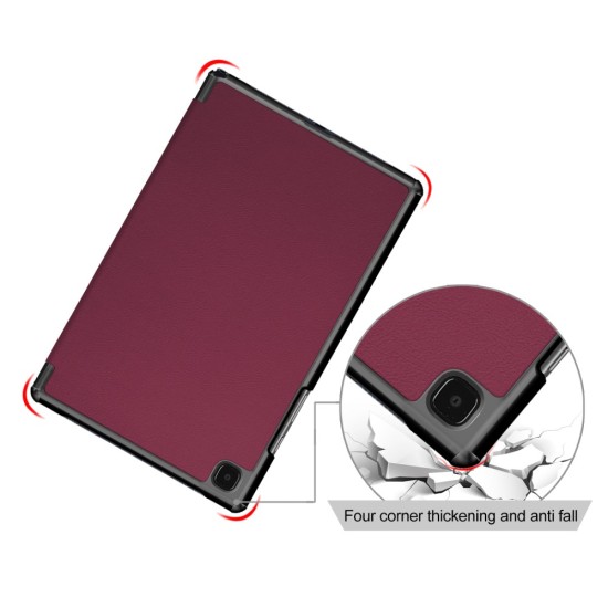 Tri-fold Stand PU Smart Auto Wake/Sleep Leather Case priekš Samsung Galaxy Tab A7 (2020 / 2022) T500 / T505 / T509 - Bordo - sāniski atverams maciņš ar stendu