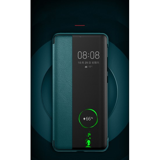 Smart View Window Touch Slide Wake / Sleep PU Leather Book Case priekš Huawei P60 / P60 Pro - Tumši Zaļš - sāniski atverams mākslīgas ādas maciņš ar lodziņu
