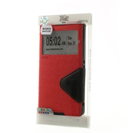 RoarKorea Fancy Diary View Sony Xperia Z3 Plus E6553 / Z4 Wake/Sleep - Sarkans - sāniski atverams maciņš ar stendu un lodziņu (ādas maks, grāmatiņa, leather book wallet case cover stand)