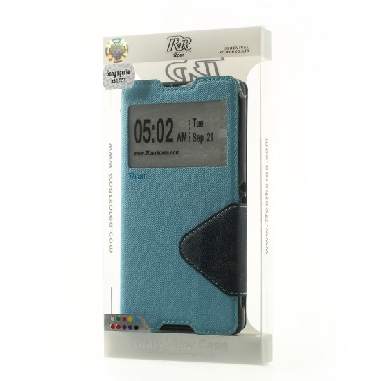 RoarKorea Fancy Diary View Sony Xperia Z3 Plus E6553 / Z4 Wake/Sleep - Gaiši Zils - sāniski atverams maciņš ar stendu un lodziņu (ādas maks, grāmatiņa, leather book wallet case cover stand)