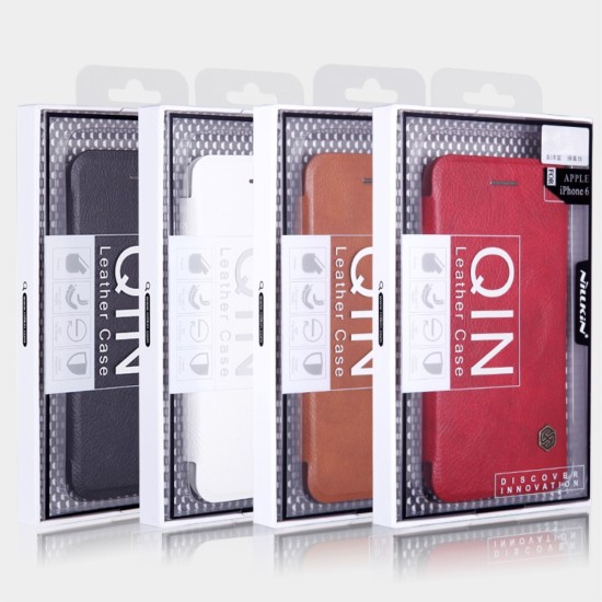 NILLKIN Qin Series Leather Flip Case priekš Apple iPhone 7 / 8 / SE2 (2020) / SE3 (2022) w/ Card Slot - Melns - sāniski atverams maciņš
